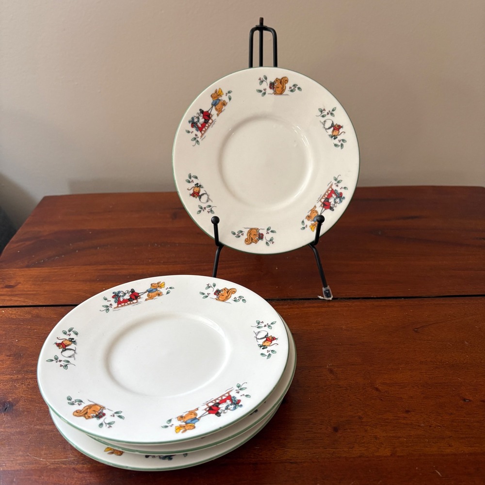 Magical Christmas China Saucer Set 4 Woodland Sledding Rabbit Squirrel 6in‎
